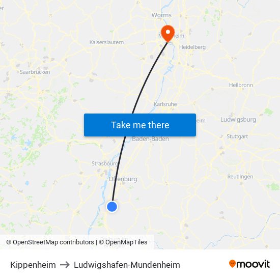 Kippenheim to Ludwigshafen-Mundenheim map