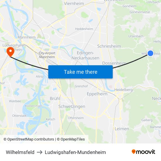 Wilhelmsfeld to Ludwigshafen-Mundenheim map