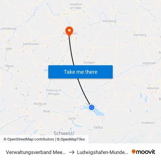 Verwaltungsverband Meersburg to Ludwigshafen-Mundenheim map