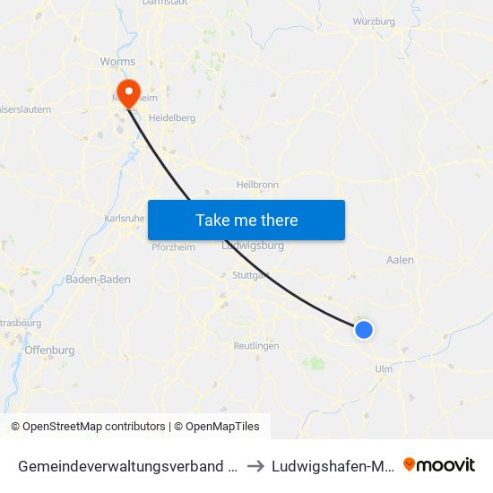 Gemeindeverwaltungsverband Lonsee-Amstetten to Ludwigshafen-Mundenheim map