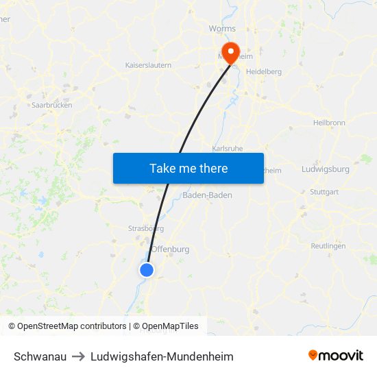 Schwanau to Ludwigshafen-Mundenheim map