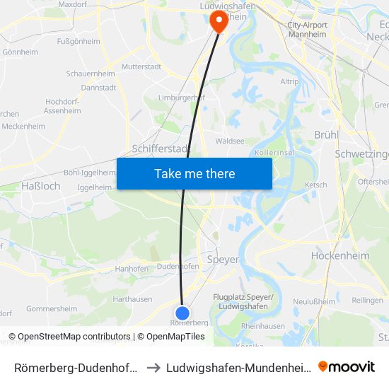 Römerberg-Dudenhofen to Ludwigshafen-Mundenheim map