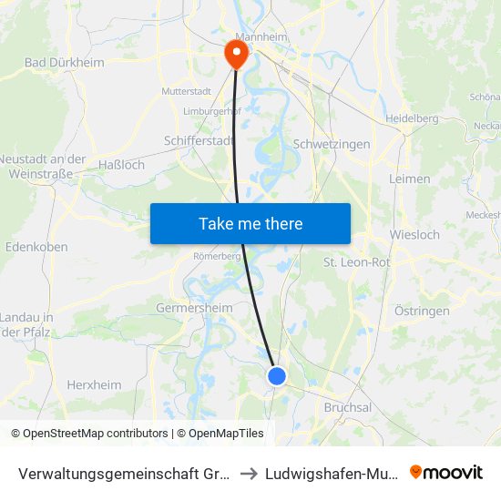 Verwaltungsgemeinschaft Graben-Neudorf to Ludwigshafen-Mundenheim map