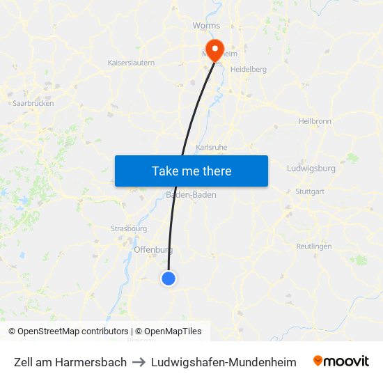 Zell am Harmersbach to Ludwigshafen-Mundenheim map