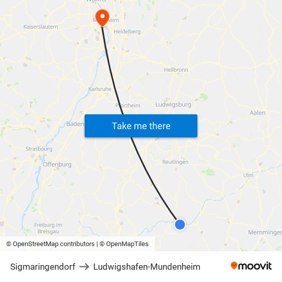 Sigmaringendorf to Ludwigshafen-Mundenheim map