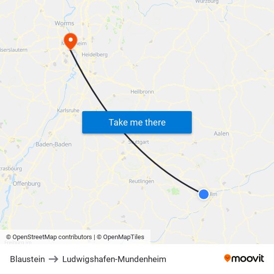 Blaustein to Ludwigshafen-Mundenheim map