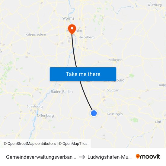 Gemeindeverwaltungsverband Oberes Gäu to Ludwigshafen-Mundenheim map