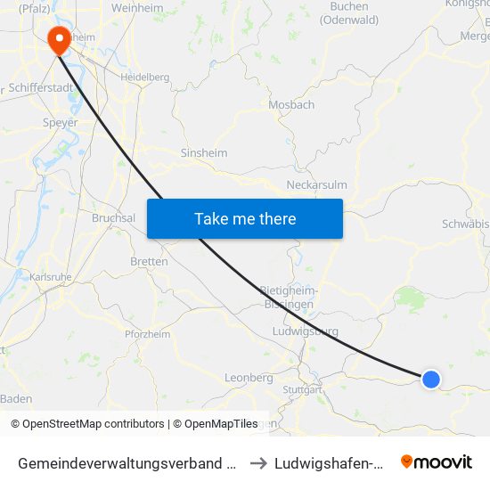 Gemeindeverwaltungsverband Plüderhausen-Urbach to Ludwigshafen-Mundenheim map