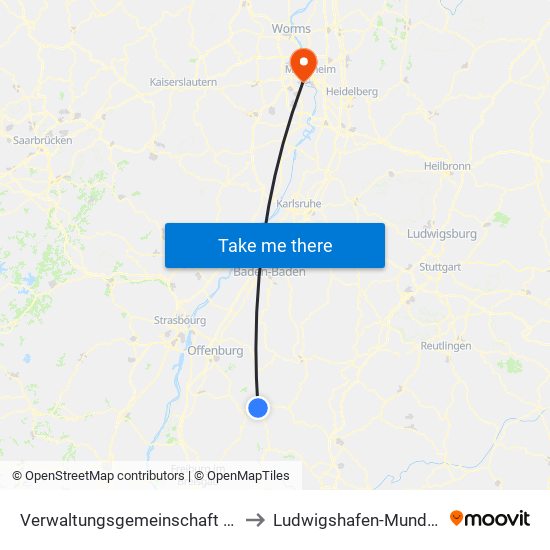 Verwaltungsgemeinschaft Hausach to Ludwigshafen-Mundenheim map