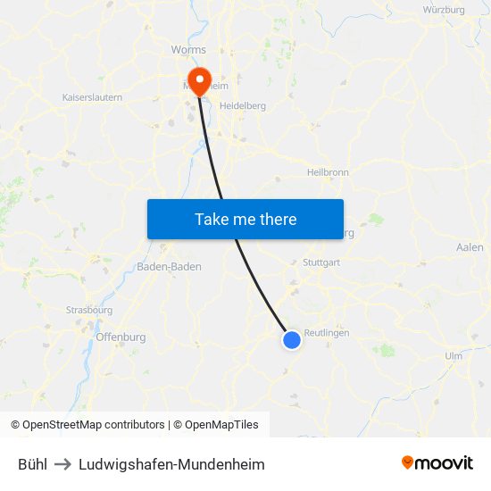 Bühl to Ludwigshafen-Mundenheim map