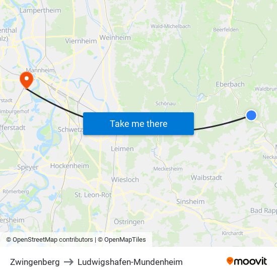 Zwingenberg to Ludwigshafen-Mundenheim map