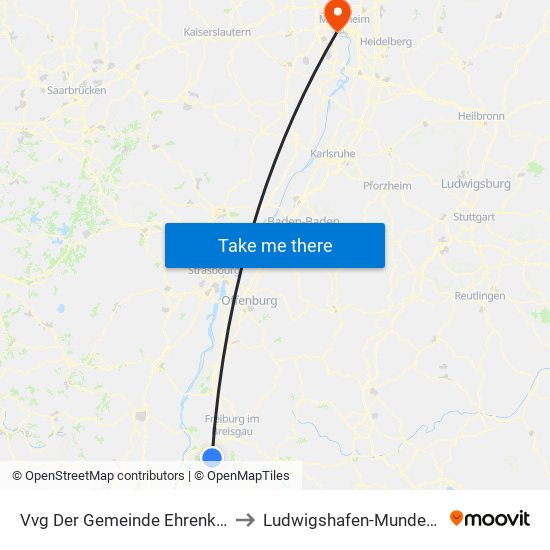 Vvg Der Gemeinde Ehrenkirchen to Ludwigshafen-Mundenheim map