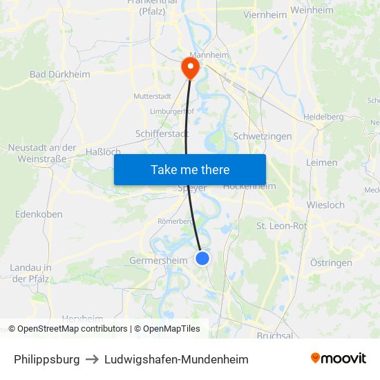 Philippsburg to Ludwigshafen-Mundenheim map