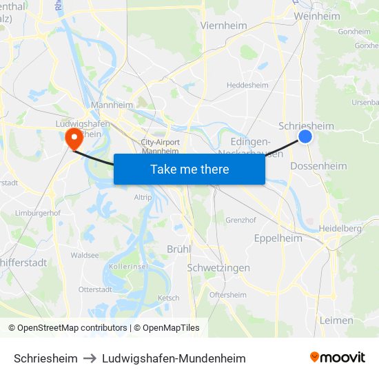 Schriesheim to Ludwigshafen-Mundenheim map