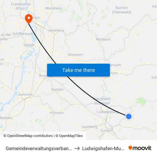 Gemeindeverwaltungsverband Winnenden to Ludwigshafen-Mundenheim map