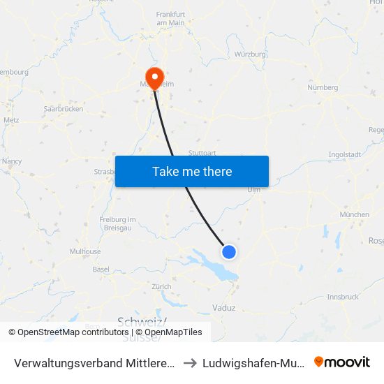 Verwaltungsverband Mittleres Schussental to Ludwigshafen-Mundenheim map