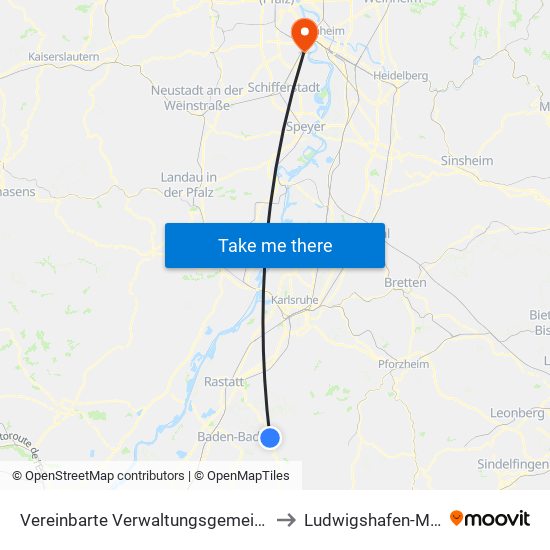 Vereinbarte Verwaltungsgemeinschaft Gernsbach to Ludwigshafen-Mundenheim map