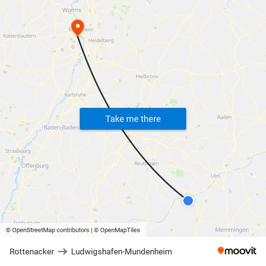 Rottenacker to Ludwigshafen-Mundenheim map