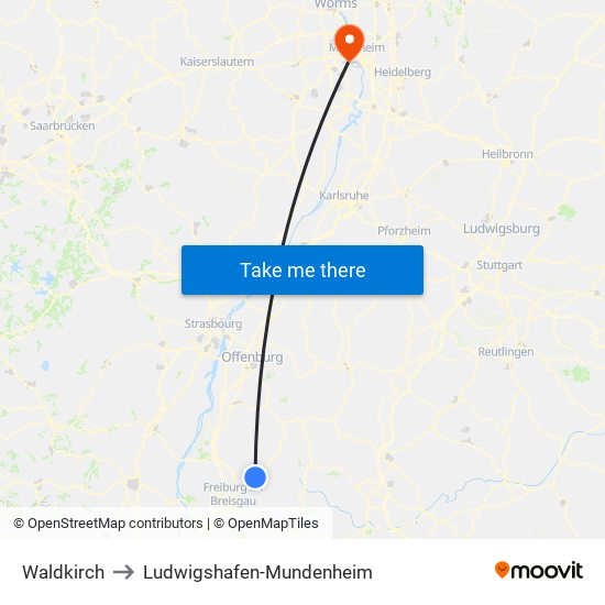 Waldkirch to Ludwigshafen-Mundenheim map