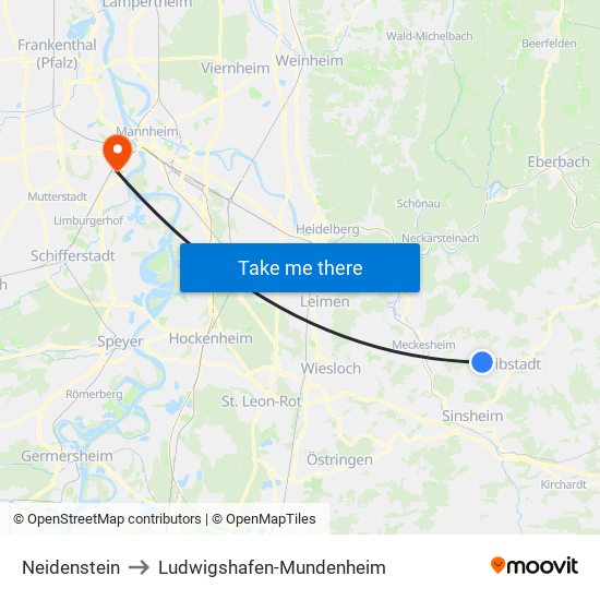 Neidenstein to Ludwigshafen-Mundenheim map