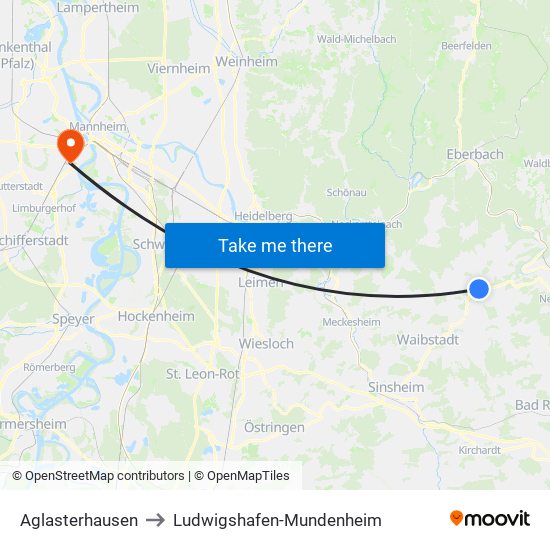 Aglasterhausen to Ludwigshafen-Mundenheim map