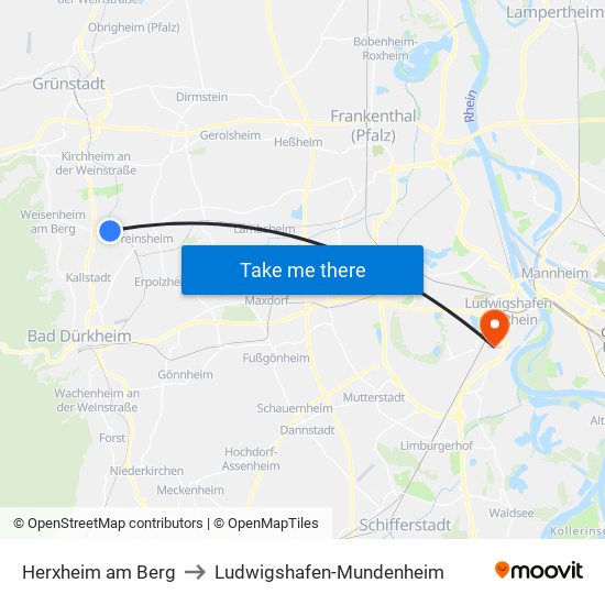 Herxheim am Berg to Ludwigshafen-Mundenheim map