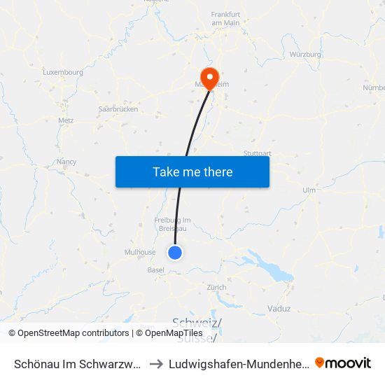 Schönau Im Schwarzwald to Ludwigshafen-Mundenheim map