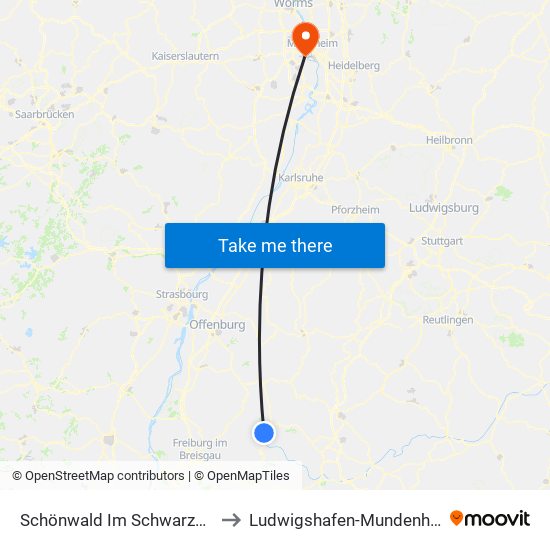 Schönwald Im Schwarzwald to Ludwigshafen-Mundenheim map
