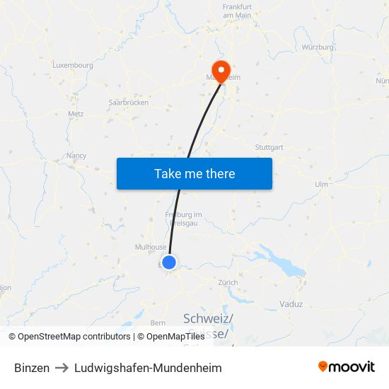 Binzen to Ludwigshafen-Mundenheim map