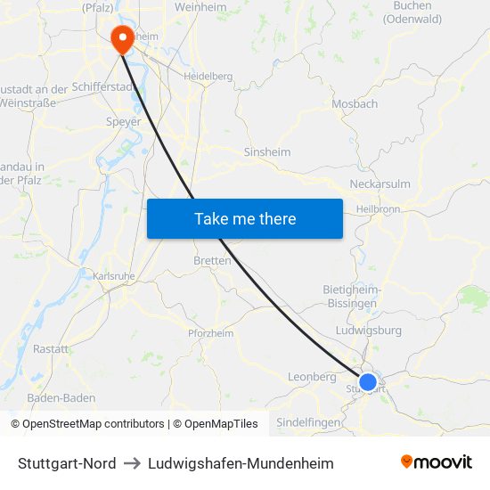 Stuttgart-Nord to Ludwigshafen-Mundenheim map