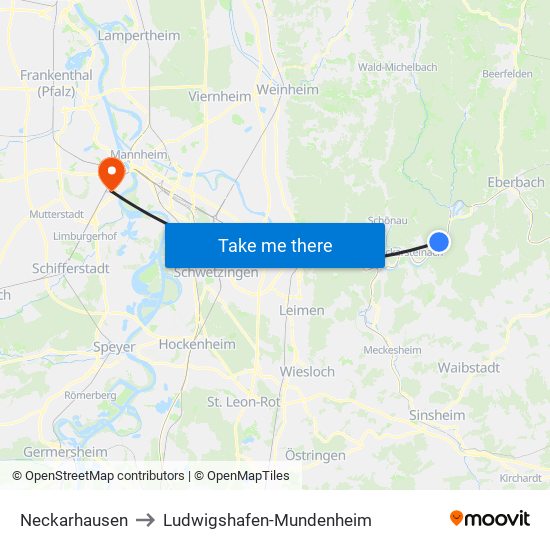Neckarhausen to Ludwigshafen-Mundenheim map