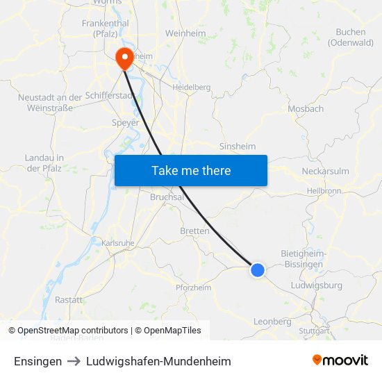 Ensingen to Ludwigshafen-Mundenheim map