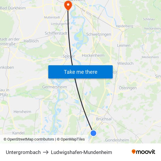 Untergrombach to Ludwigshafen-Mundenheim map