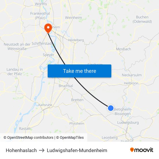 Hohenhaslach to Ludwigshafen-Mundenheim map