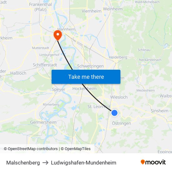 Malschenberg to Ludwigshafen-Mundenheim map