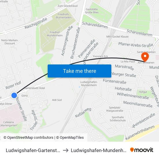 Ludwigshafen-Gartenstadt to Ludwigshafen-Mundenheim map