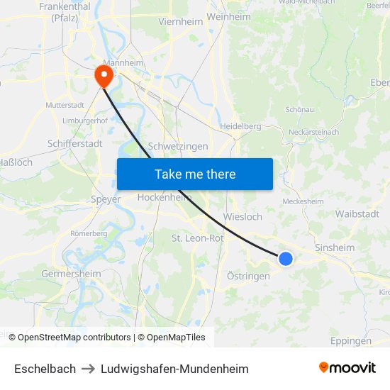 Eschelbach to Ludwigshafen-Mundenheim map