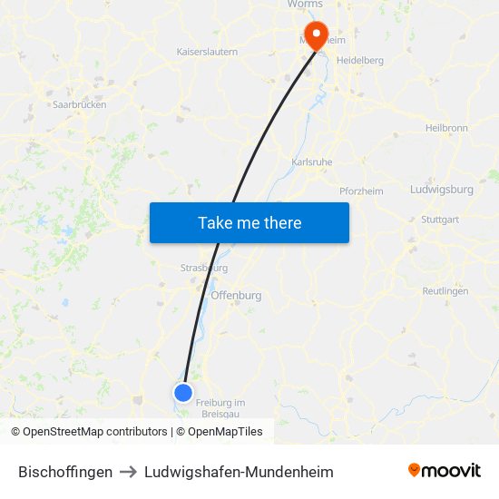 Bischoffingen to Ludwigshafen-Mundenheim map