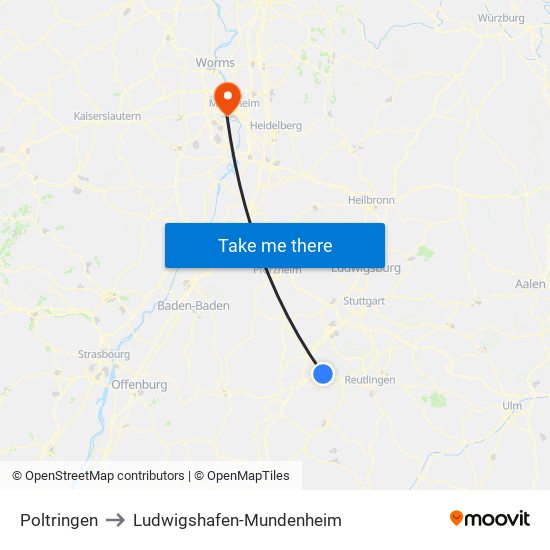 Poltringen to Ludwigshafen-Mundenheim map