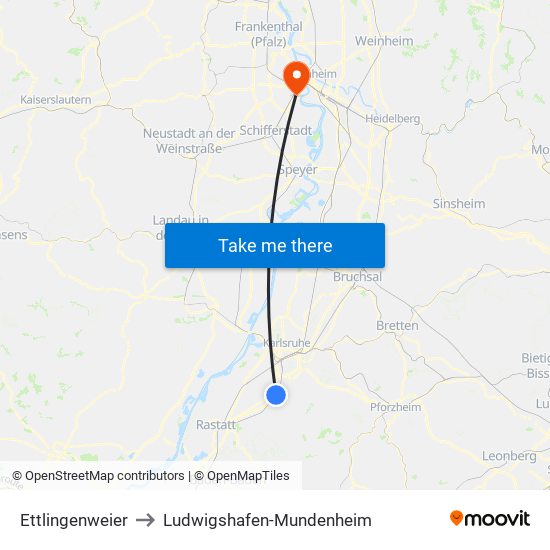 Ettlingenweier to Ludwigshafen-Mundenheim map