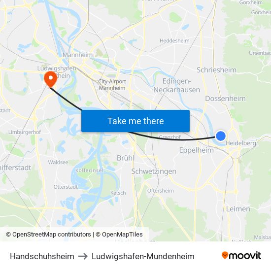 Handschuhsheim to Ludwigshafen-Mundenheim map