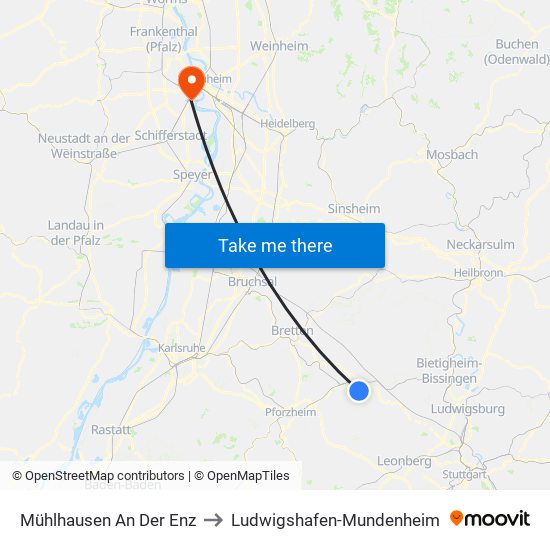 Mühlhausen An Der Enz to Ludwigshafen-Mundenheim map