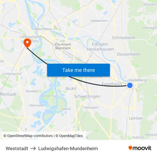 Weststadt to Ludwigshafen-Mundenheim map