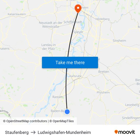 Staufenberg to Ludwigshafen-Mundenheim map