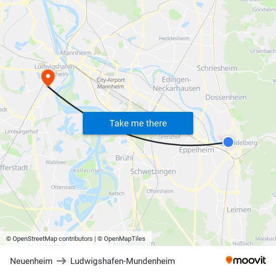 Neuenheim to Ludwigshafen-Mundenheim map