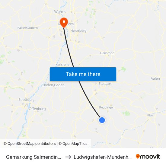 Gemarkung Salmendingen to Ludwigshafen-Mundenheim map