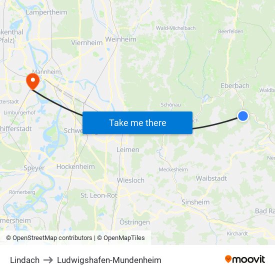 Lindach to Ludwigshafen-Mundenheim map