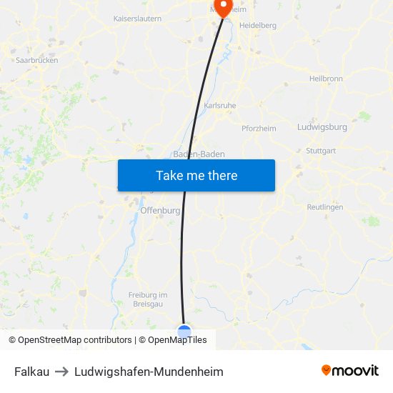 Falkau to Ludwigshafen-Mundenheim map