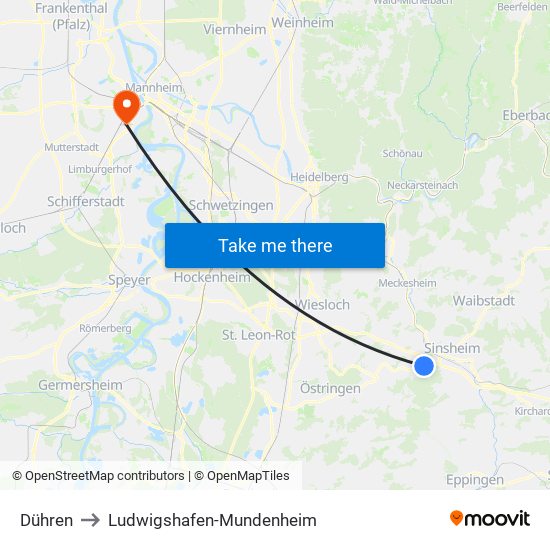 Dühren to Ludwigshafen-Mundenheim map