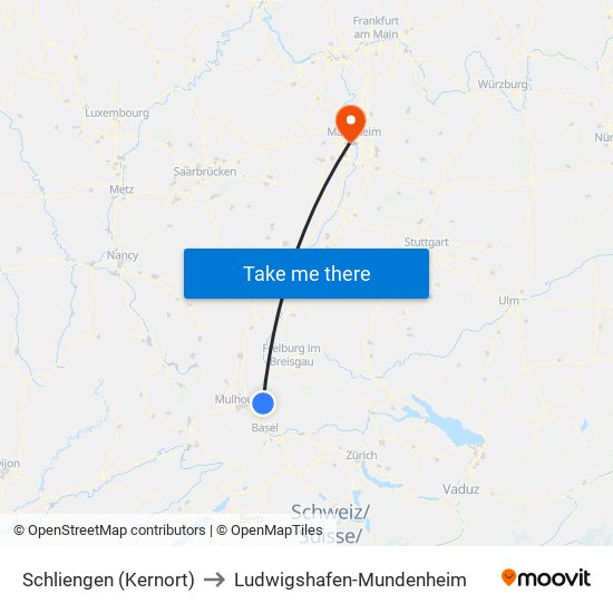 Schliengen (Kernort) to Ludwigshafen-Mundenheim map